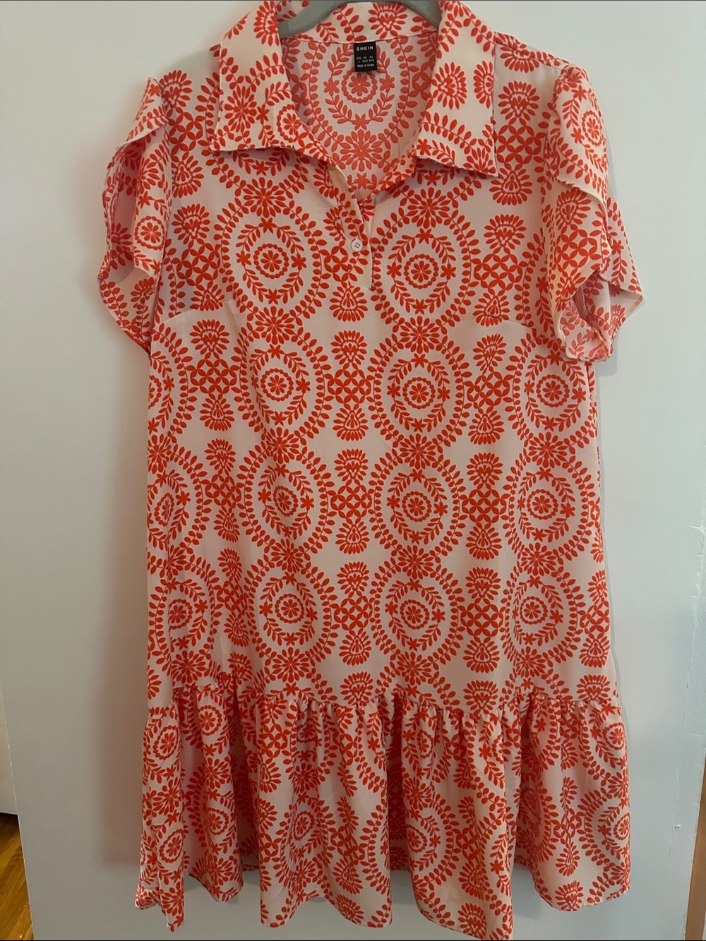 Orange and White Printed Ruffle Hem Dress